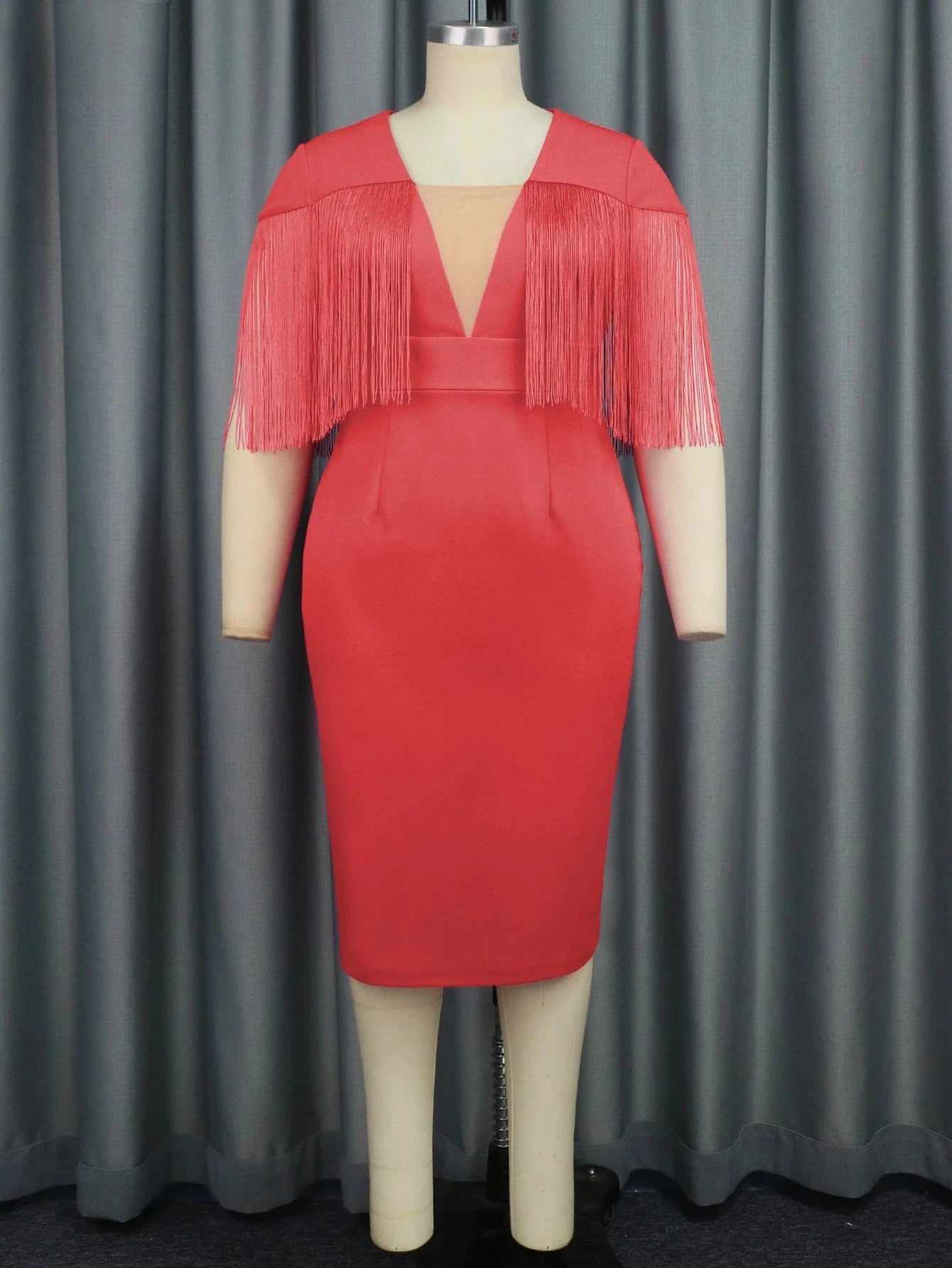 2XL / Red Bodycon Sexy See Through Tassel Patchwork Girl Christmas Prom Dresses