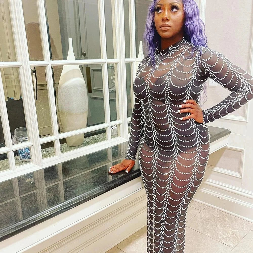 2XL / silver VK2230 African Plus Size Bodycon Women Dress Sexy Transparent Beading Long Sleeve O-Neck Shiny Dress