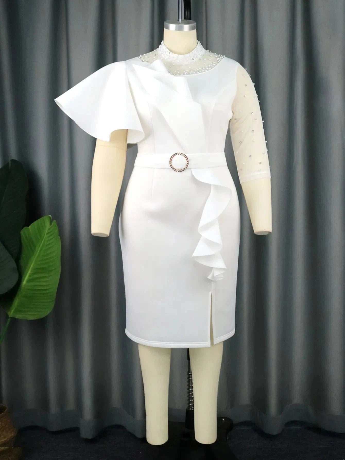 2XL / White Irregular Sleeve Ruffle Beaded African Wedding Gowns Evening Dresses