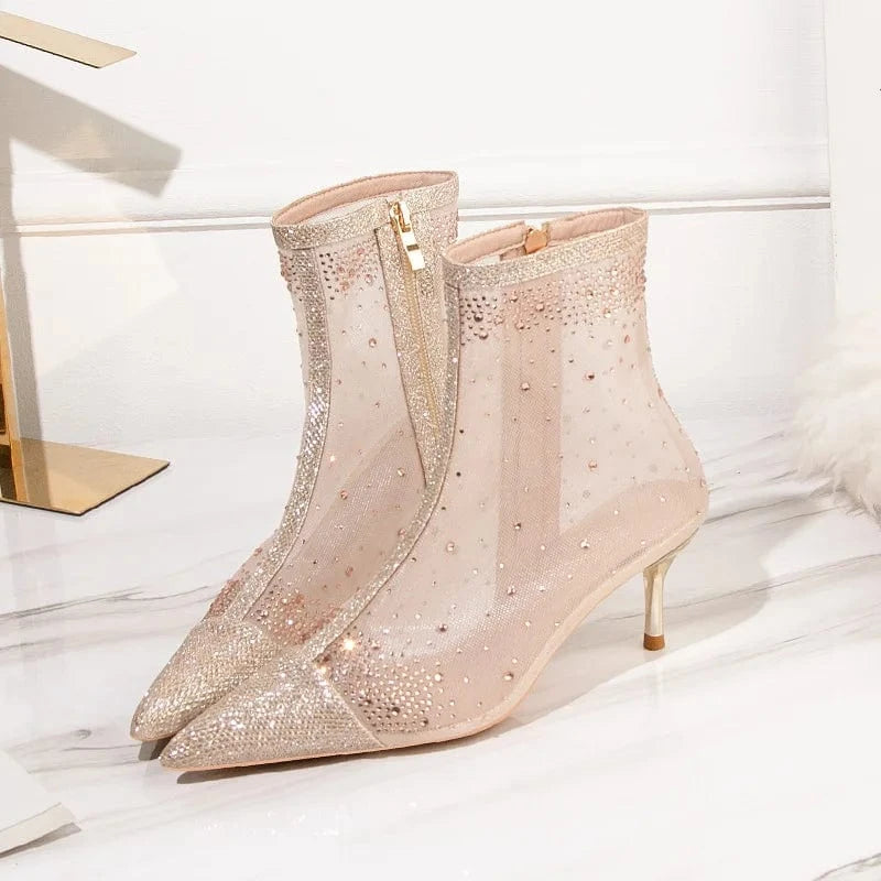 3.5 / Gold Fashion sexy women's boots stiletto high heels women's shoes rhinestone pointed toe fashion boots mesh all-match short boots