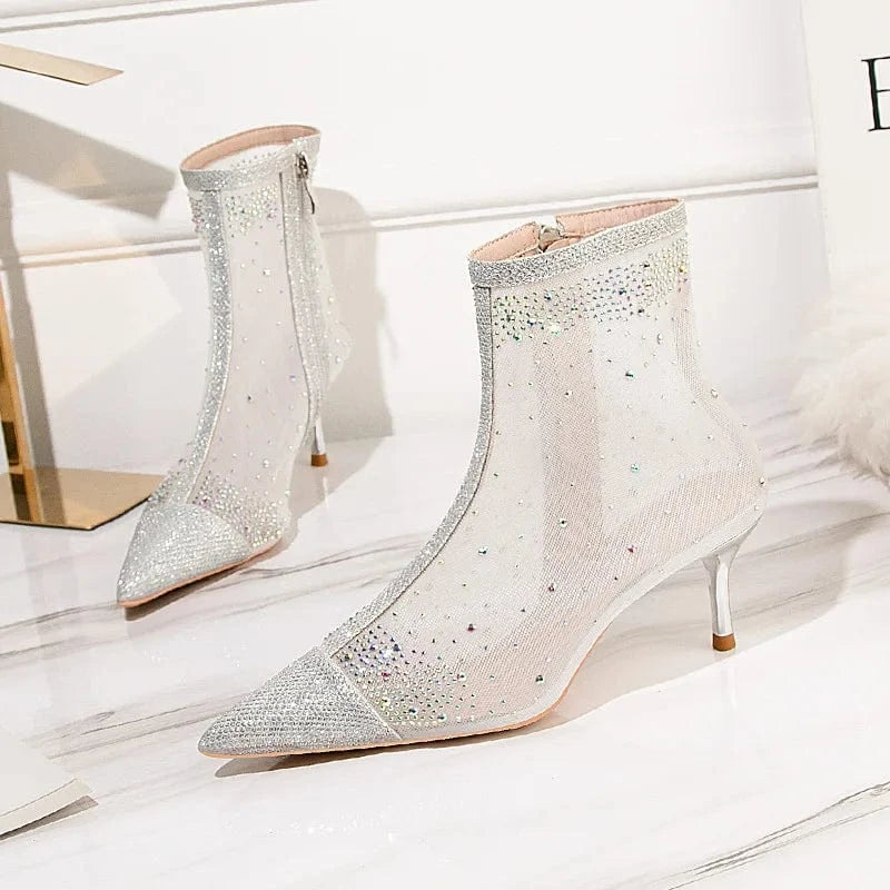 3.5 / silver Fashion sexy women's boots stiletto high heels women's shoes rhinestone pointed toe fashion boots mesh all-match short boots
