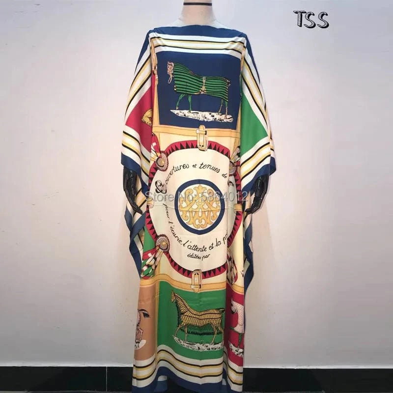 3 / One Size Africa Fashion Blogger Recommend Popular printed Silk Kaftan Maxi dresses Loose Summer Beach Bohemian kaftan long dress for lady