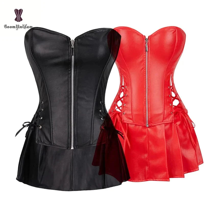 3 Pcs in 1 Ladies Slim Shapers Underwear Plus Size Bustier Top Red Synthetic Leather Corset Dress With G String