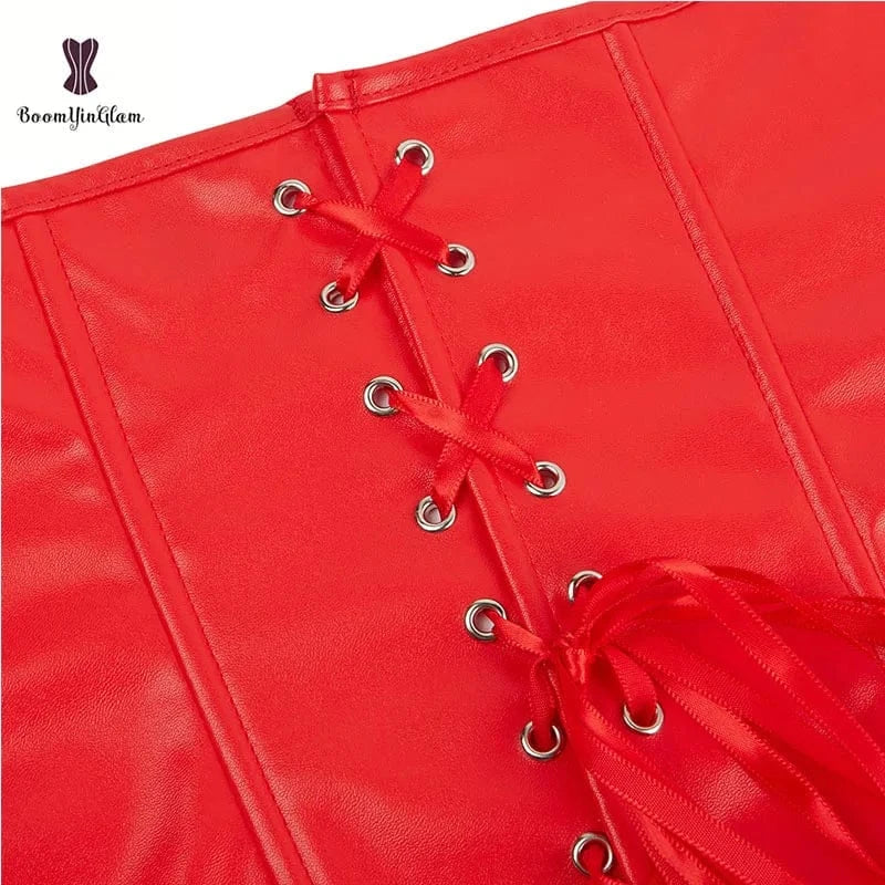 3 Pcs in 1 Ladies Slim Shapers Underwear Plus Size Bustier Top Red Synthetic Leather Corset Dress With G String