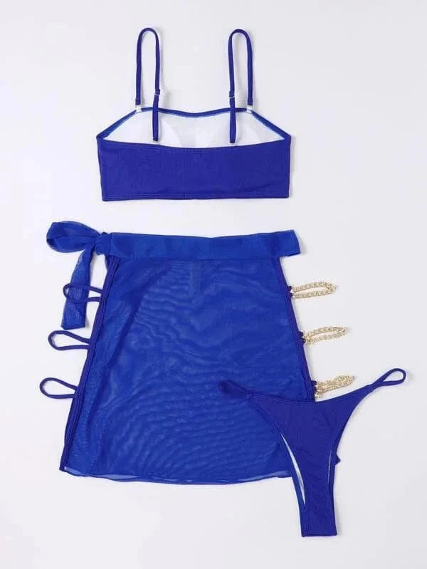 3 Piece Bathing Suit for Women Chain Linked Swimwear High Cut Thong Bikini Push Up Swimsuit with Cover Up Skirt 2024 Summer