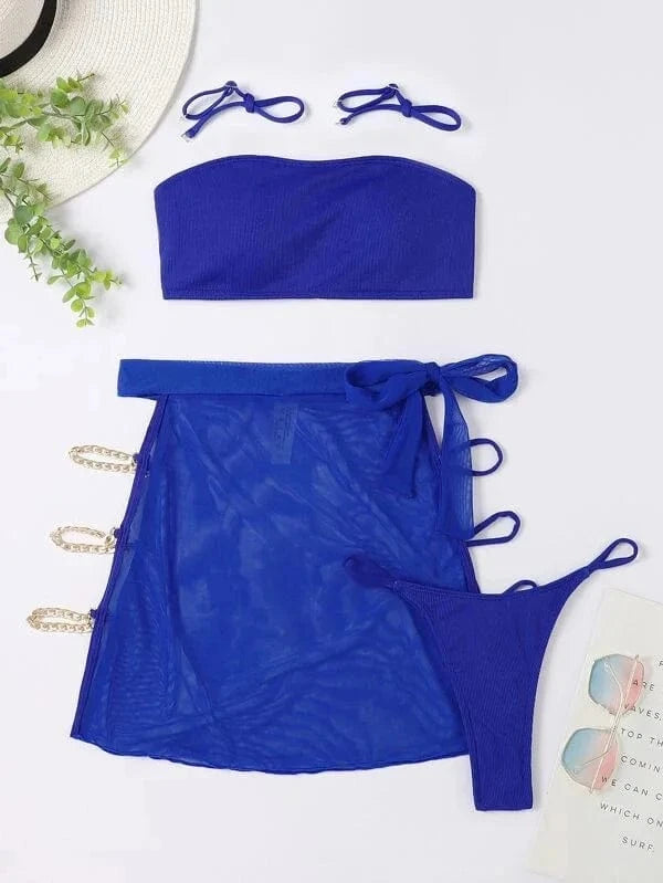 3 Piece Bathing Suit for Women Chain Linked Swimwear High Cut Thong Bikini Push Up Swimsuit with Cover Up Skirt 2024 Summer
