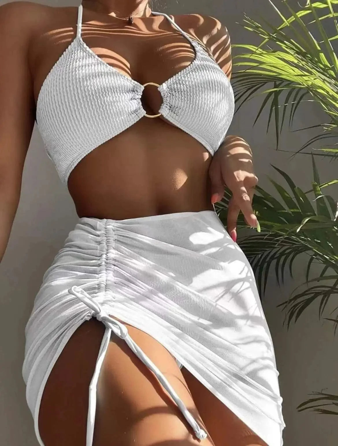 3 Pieces Mesh Skirt Swimsuit Women Halter Micro Ribbed Bikini 2024 High Waist Swimwear Sexy Solid Beachwear Bathing Suit Biquini