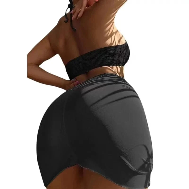 3 Pieces Mesh Skirt Swimsuit Women Halter Micro Ribbed Bikini 2024 High Waist Swimwear Sexy Solid Beachwear Bathing Suit Biquini
