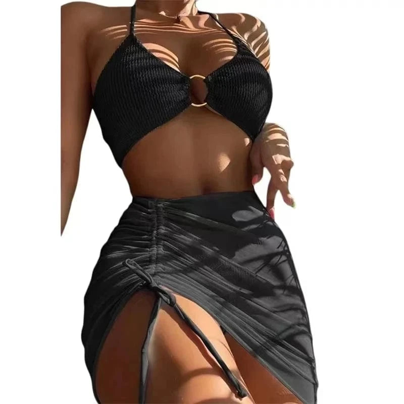 3 Pieces Mesh Skirt Swimsuit Women Halter Micro Ribbed Bikini 2024 High Waist Swimwear Sexy Solid Beachwear Bathing Suit Biquini