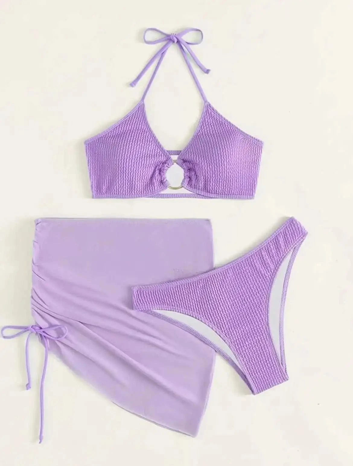 3 Pieces Mesh Skirt Swimsuit Women Halter Micro Ribbed Bikini 2024 High Waist Swimwear Sexy Solid Beachwear Bathing Suit Biquini