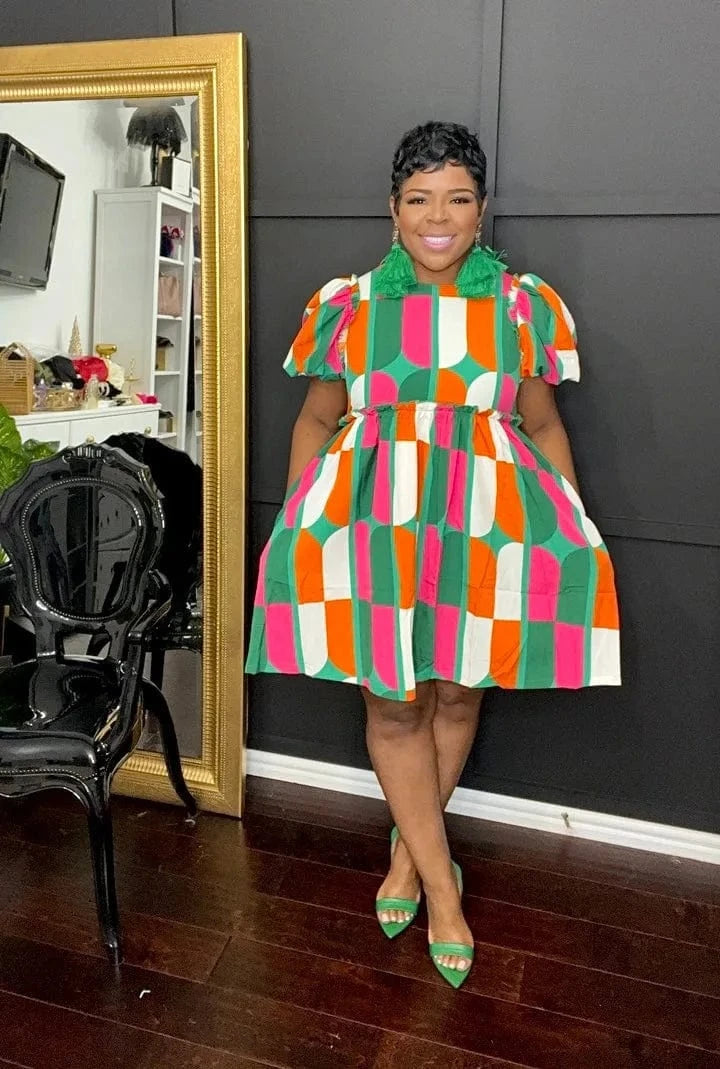 3 XL / 01 77586 Women New Design Ruffled Dress Birthday Party Mini Dresses Puff Sleeve Printed Plus Size Pleated Dress
