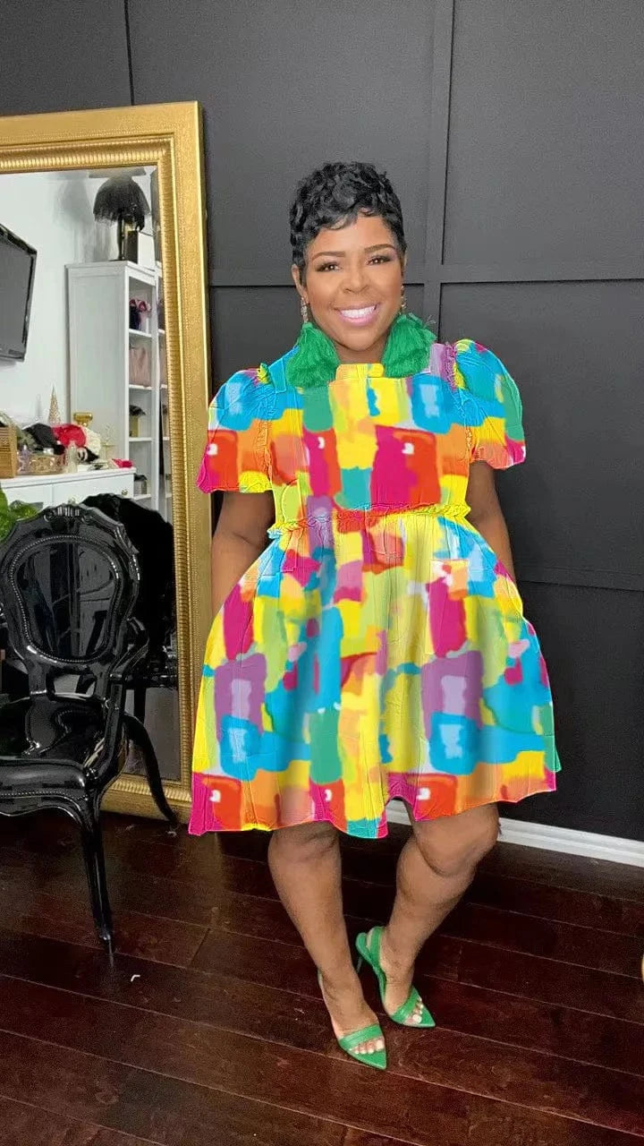3 XL / 02 77586 Women New Design Ruffled Dress Birthday Party Mini Dresses Puff Sleeve Printed Plus Size Pleated Dress