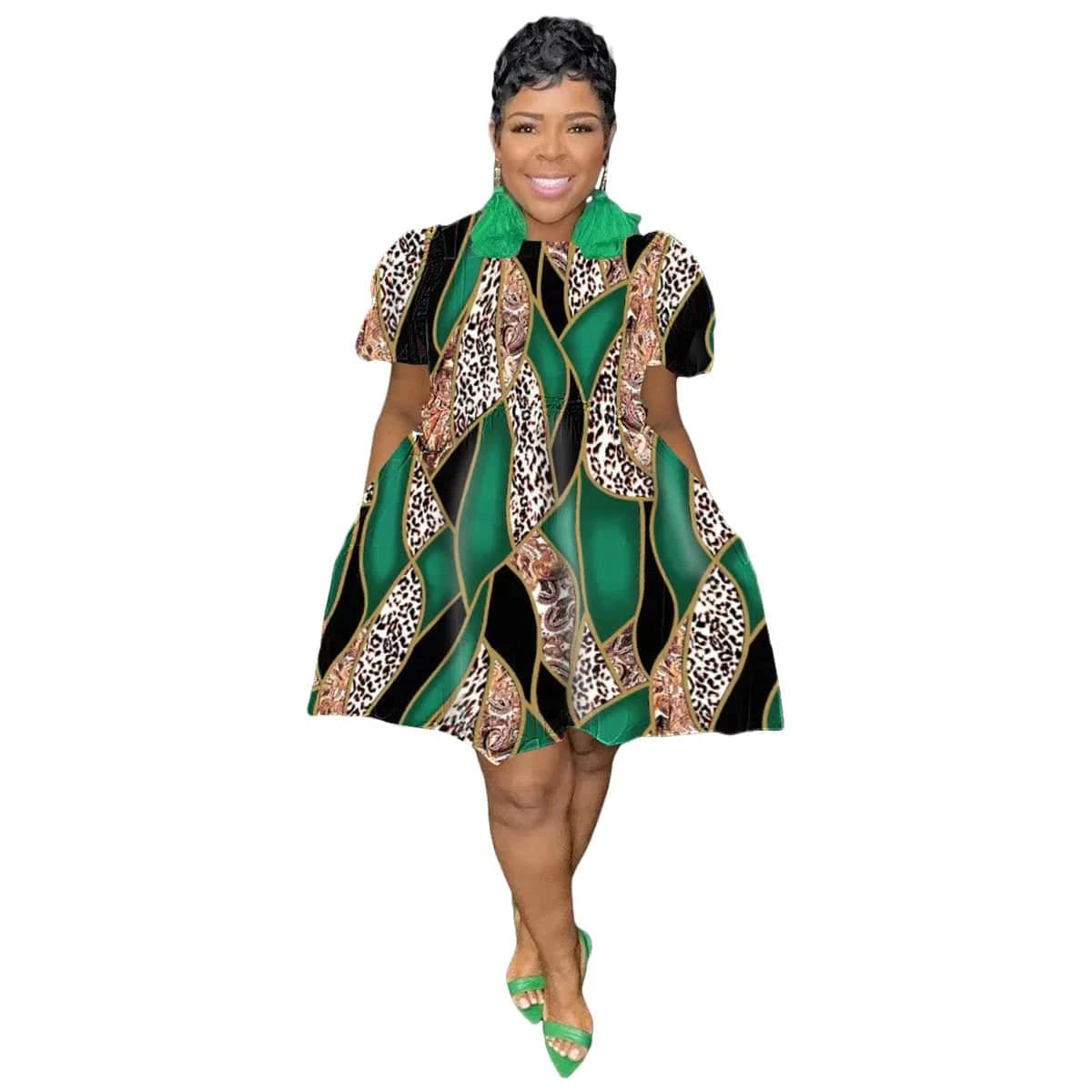 3 XL / 05 77586 Women New Design Ruffled Dress Birthday Party Mini Dresses Puff Sleeve Printed Plus Size Pleated Dress
