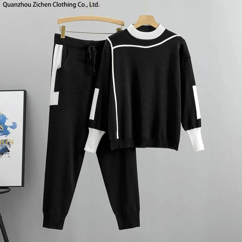 3 XL / 1 2023 Autumn Runway 2 Pieces Set Knitted Long Sleeve Pullovers Sweater Casual Patchwork Fashion Women Tops and Pants Suits Spring