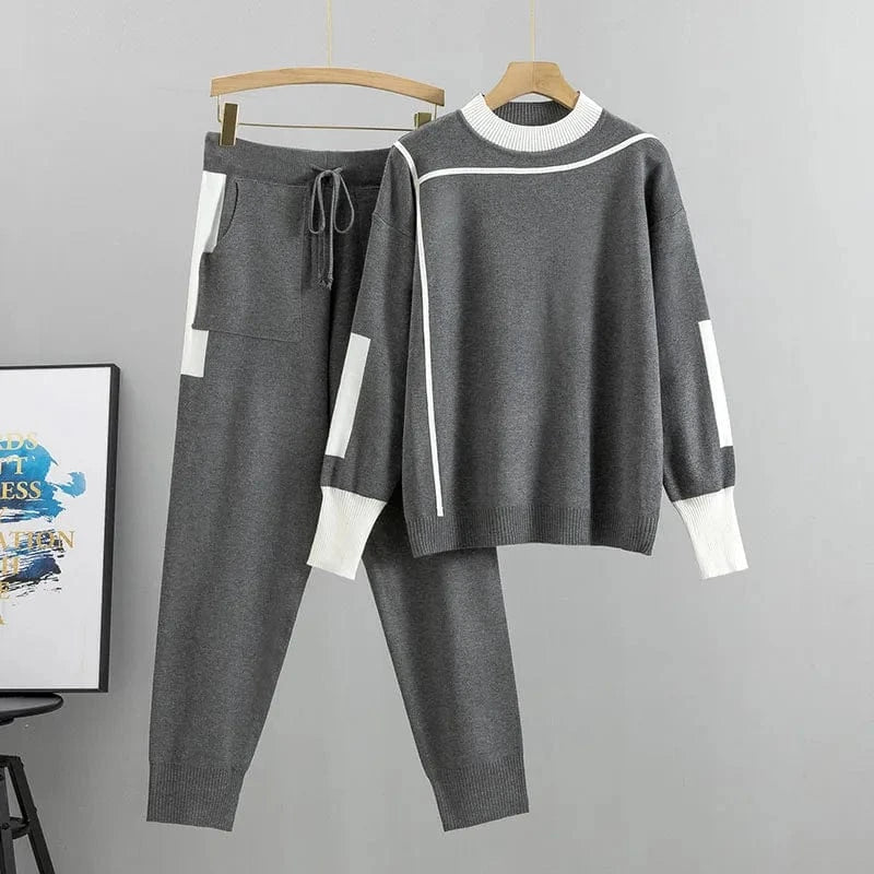 3 XL / 2 2023 Autumn Runway 2 Pieces Set Knitted Long Sleeve Pullovers Sweater Casual Patchwork Fashion Women Tops and Pants Suits Spring