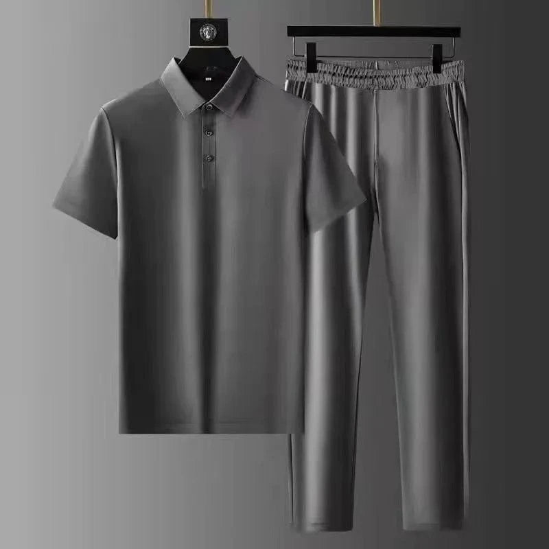 3 XL / 2 2024 Summer Thin Sports Set Men's Fashion Solid Color Polo Neck T-shirt Long Pants Men's Clothing Set