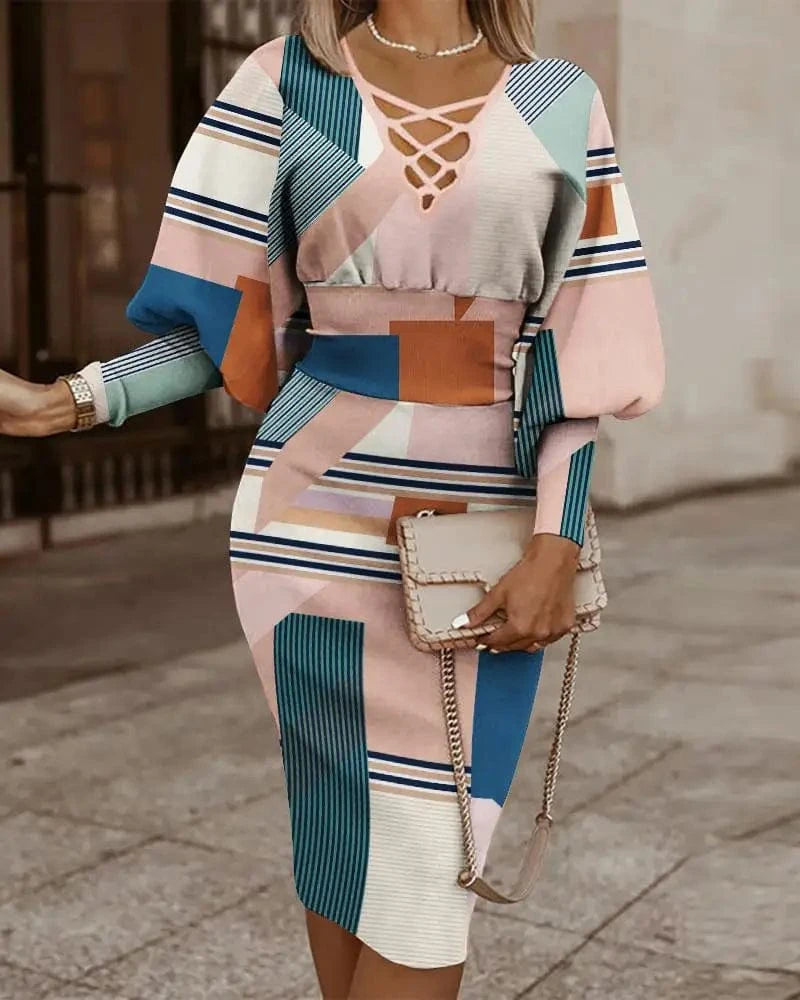 3 XL / 2 J&H 2New Design Spring 2024 Office Elegant Business Bodycon Midi Dress Stripe Long Sleeve Casual Dress