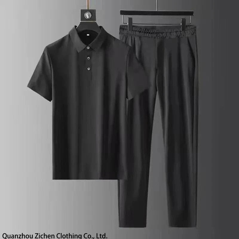 3 XL / 3 2024 Summer Thin Sports Set Men's Fashion Solid Color Polo Neck T-shirt Long Pants Men's Clothing Set