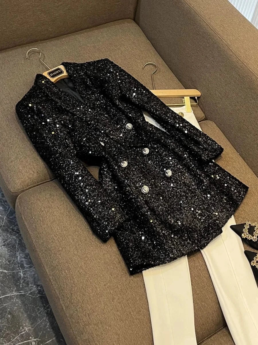 3 XL / Black Autumn Winter Fine Workmanship All-over Shinny Sequins Designed Lady Midi Coat Women Long Sleeve Double-breasted Blazer Black