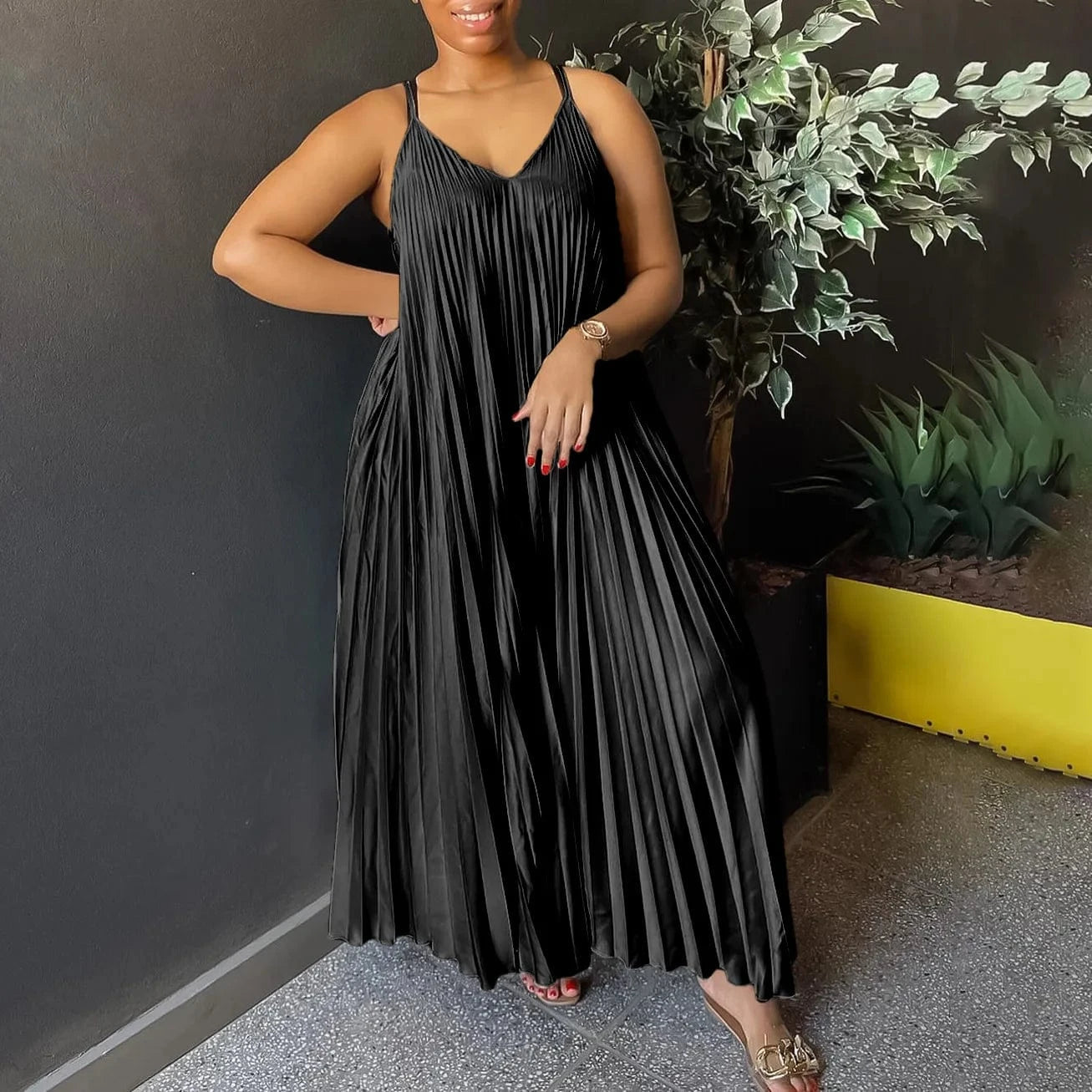 3 XL / Black GX8571 Boutique 2024 Fashion Clothing Women Maxi Dress Sleeveless V-neck Spaghetti Strap Elegant Long Loose Pleated Dresses