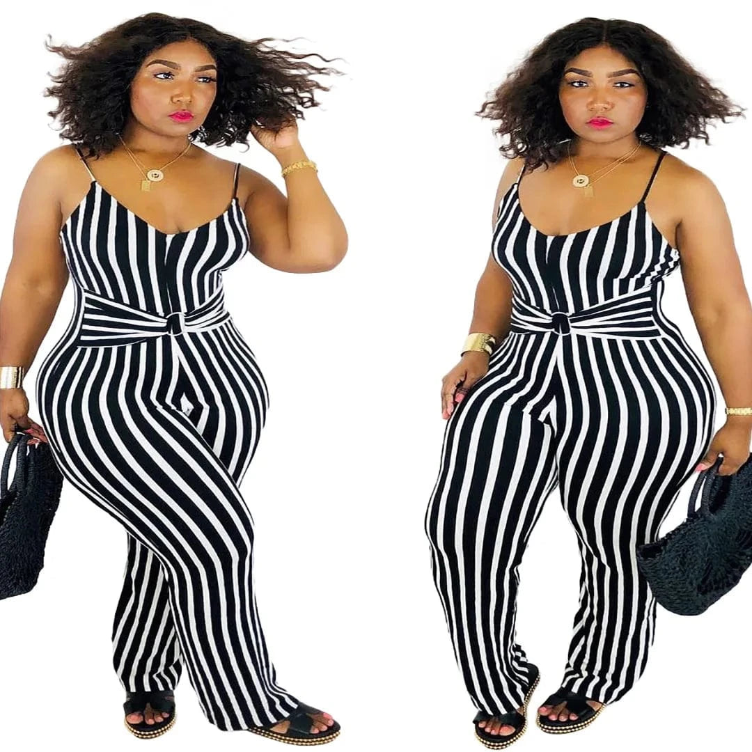 3 XL / Black Hot Seller Summer Women's Clothing Jumpsuit Striped Suspender Straps Playsuit Plus Size Back Zipper Lady Long Romper
