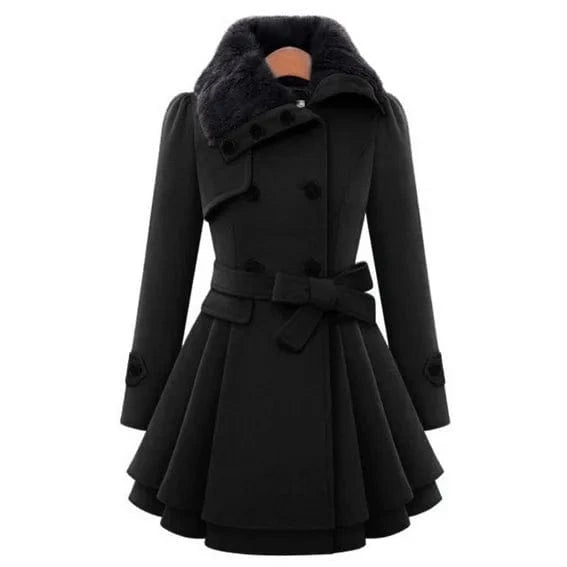 3 XL / Black Wholesale New Fashion Women Girls Fur Collar design warm long plus size double breast button belt sur collar winter coat women