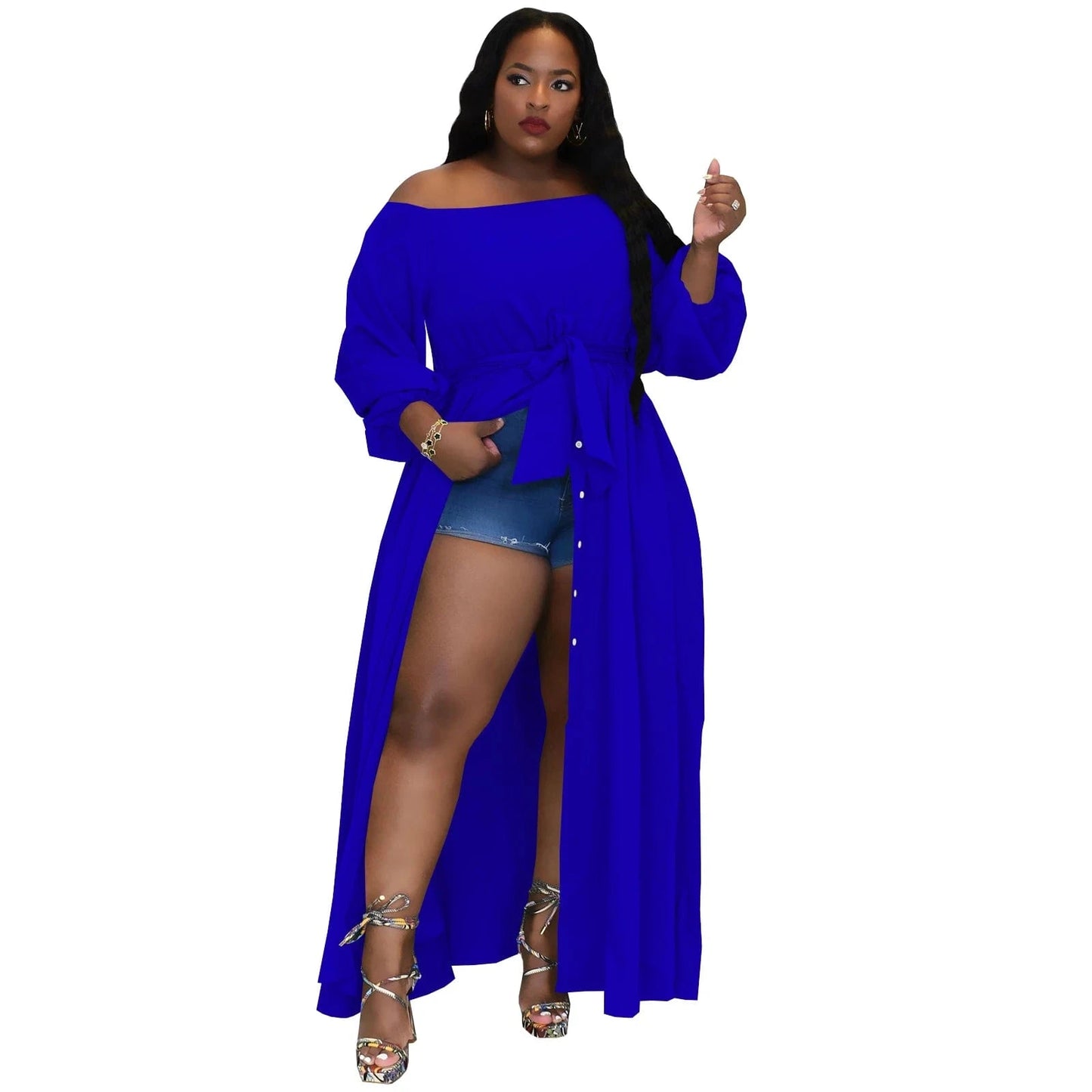 3 XL / Blue New Fashion Party High Street Woman Plus Size Women's Clothing Off Shoulder Split Maxi Dress with Belt