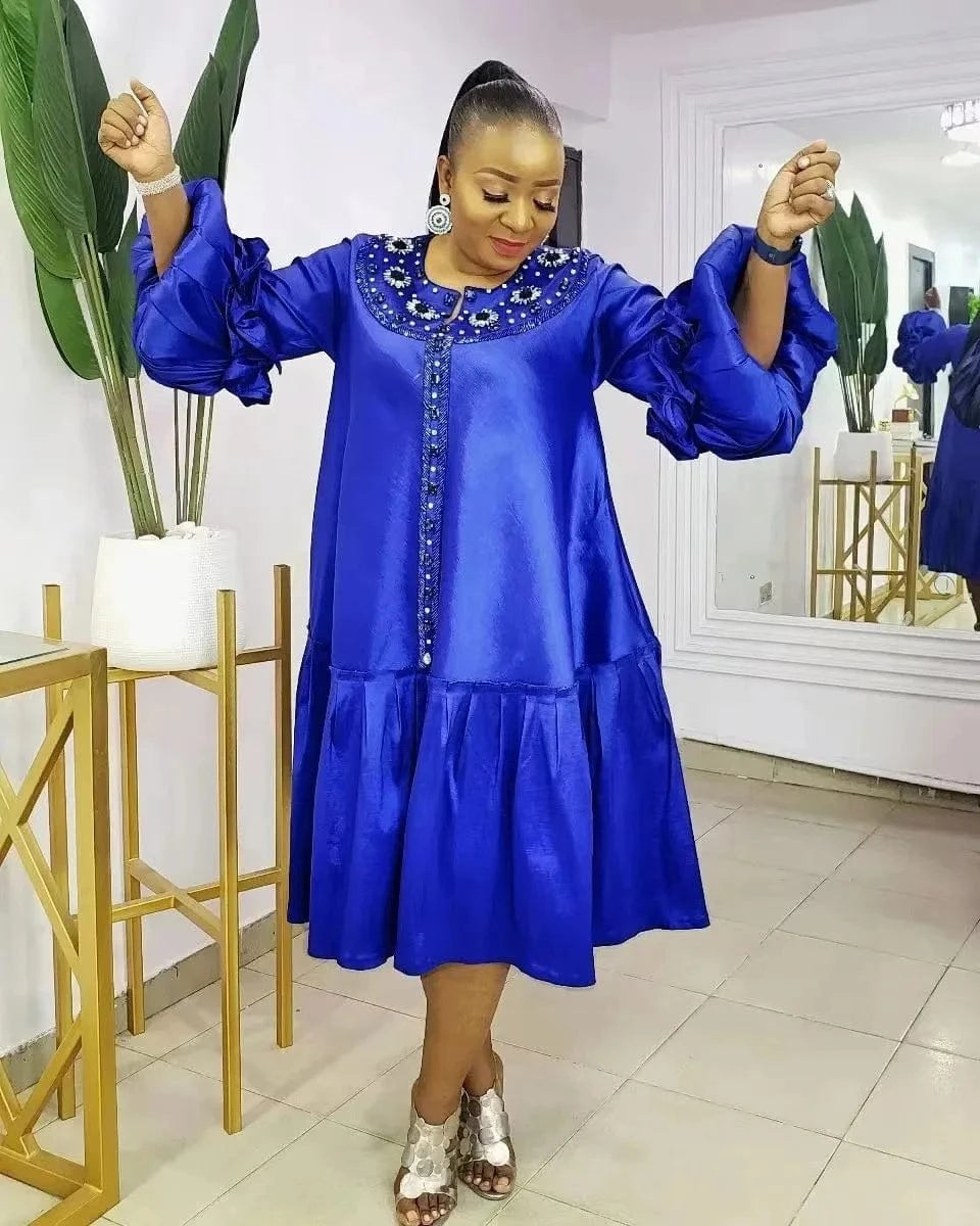 3 XL / Blue xxl-5xl Plus Size 2024 Spring Long Sleeve Satin Muslim Robe Dress Elegant Loose Maxi Beaded Dress Party Dress African Women