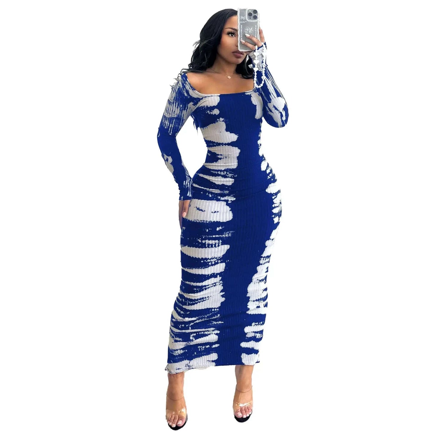 3 XL / Blue Z178466 2024 women long sleeve Stretch Back Sip Print Skinny dress plus size boho chic dress