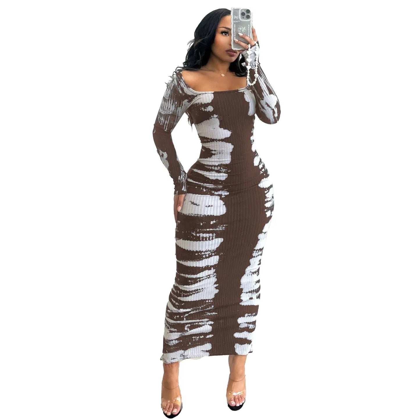 3 XL / Brown Z178466 2024 women long sleeve Stretch Back Sip Print Skinny dress plus size boho chic dress