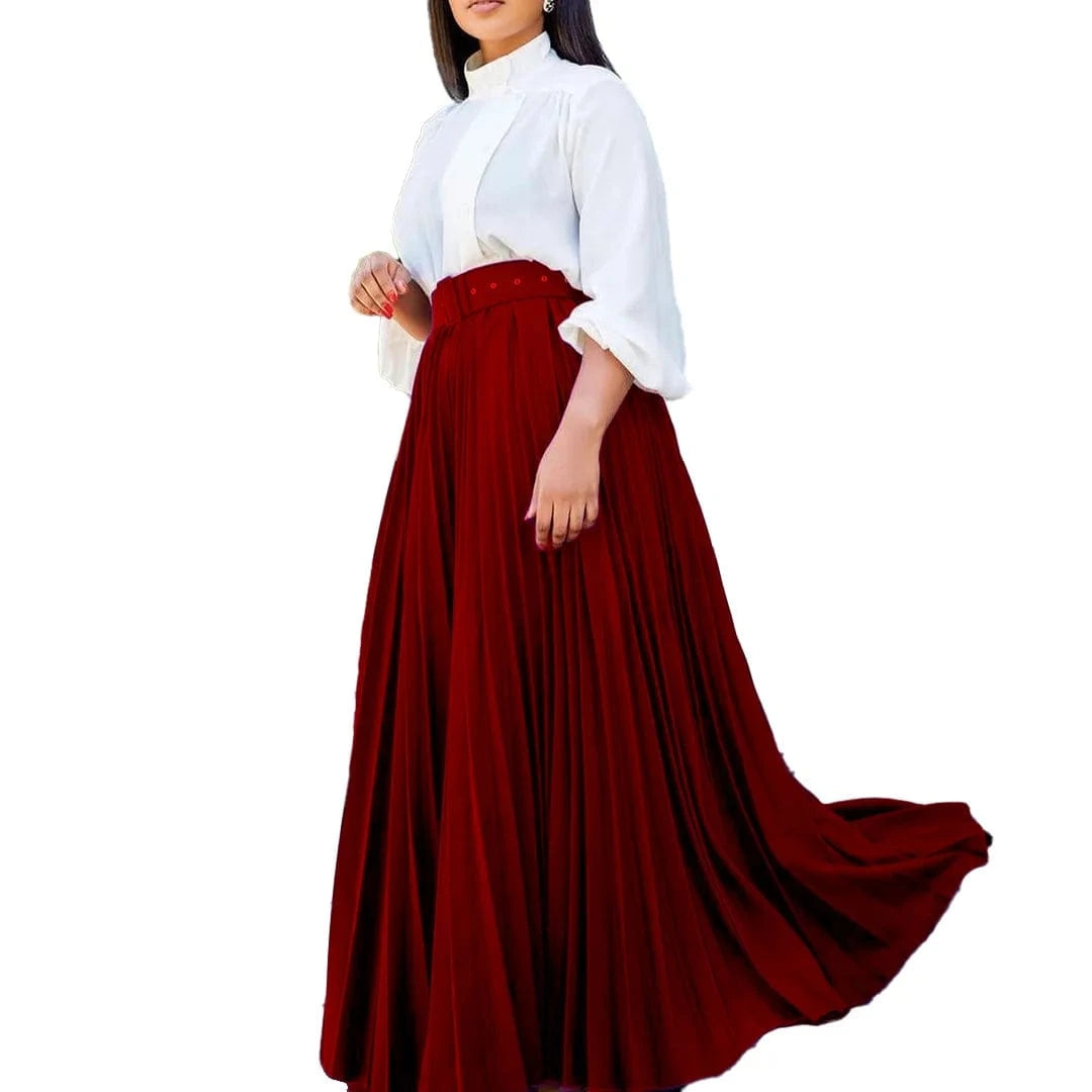 3 XL / Burgundy Fashion Pleated Elastic Waist Maxi Skirt Women Solid With Belt 2023