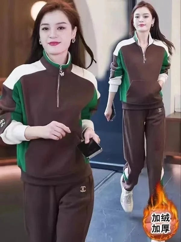 3 XL / coffee Add fleece thickened stand collar hoodie sports set for women 2024 autumn and winter new fashion loose 2-piece set