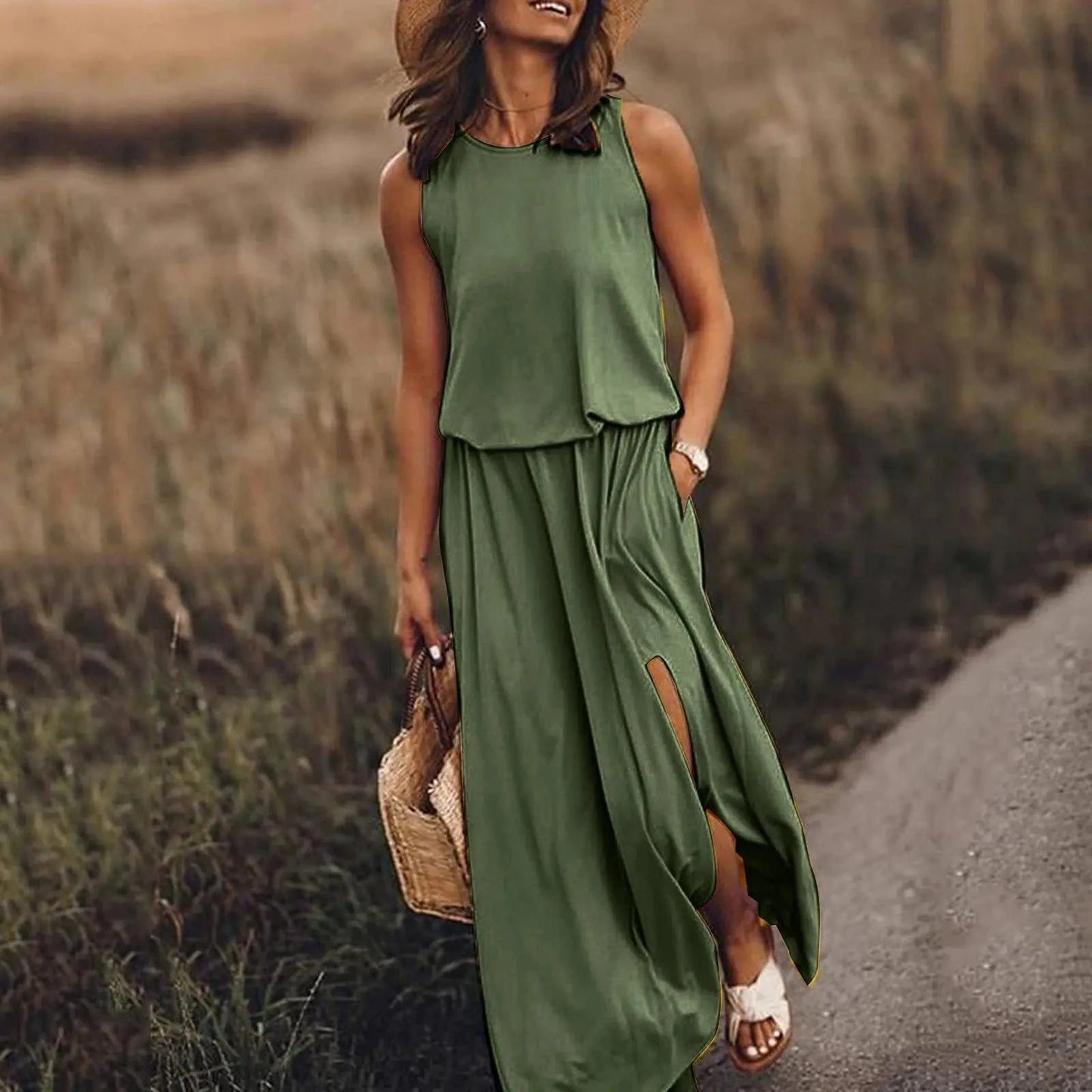 3 XL / dark green Women's Sleeveless Dress Round Neck Split Solid Color Leisure Long Dress Summer Loose Plus Size Casual Ladies Maxi Dress