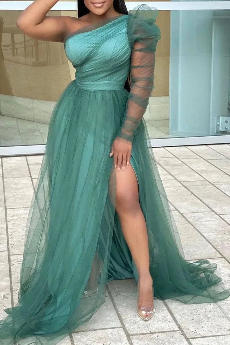 3 XL / Green BH650 PLUS SIZE SINGLE SLEEVE ELEGANT PARTY WEDDING GUESTS BRIDESMAID TULLE MAXI DRESS