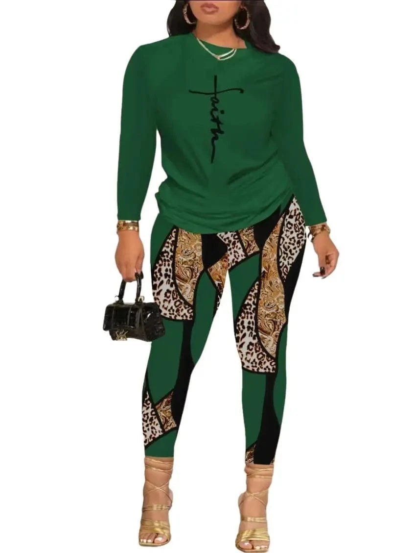 3 XL / Green Fashionable Casual Women's Pants Set 2024 Autumn Winter New Printed Long Sleeved Tees Pant Two-Piece Suit Women Clothing S-3XL