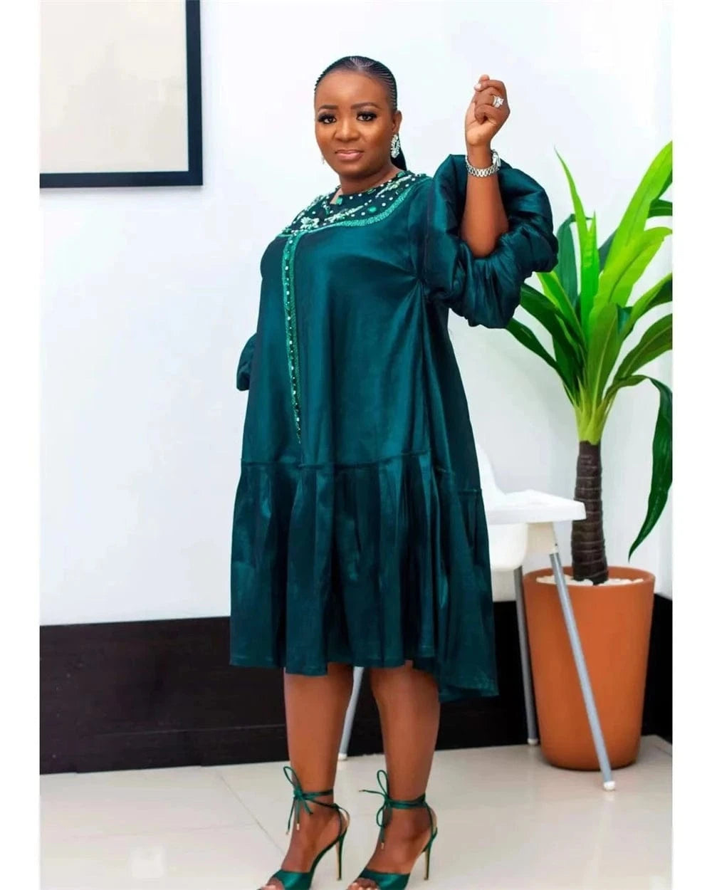 3 XL / Green xxl-5xl Plus Size 2024 Spring Long Sleeve Satin Muslim Robe Dress Elegant Loose Maxi Beaded Dress Party Dress African Women