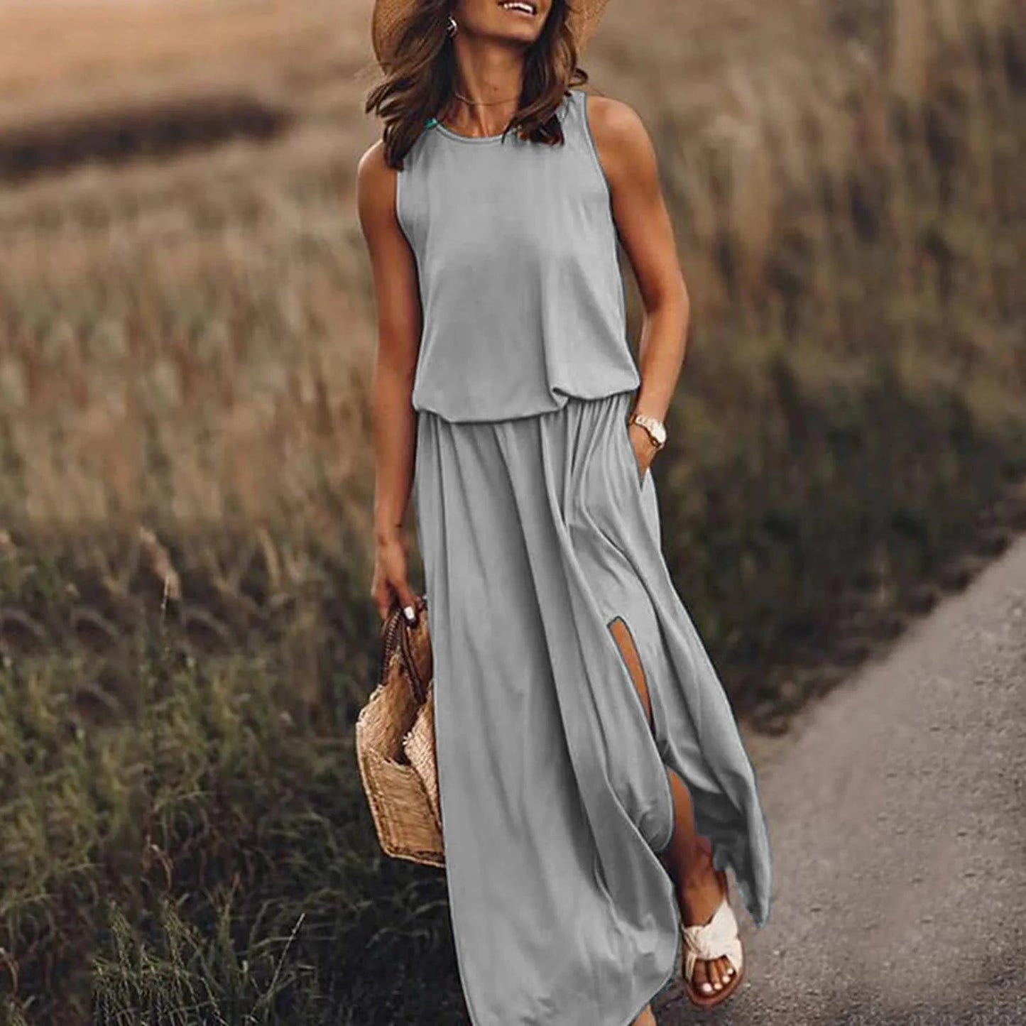 3 XL / Grey Women's Sleeveless Dress Round Neck Split Solid Color Leisure Long Dress Summer Loose Plus Size Casual Ladies Maxi Dress
