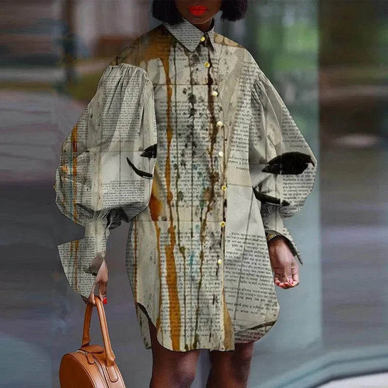 3 XL / Khaki Autumn new products casual long-sleeved shirt dress women printed cardigan plus size maternity women's clothing