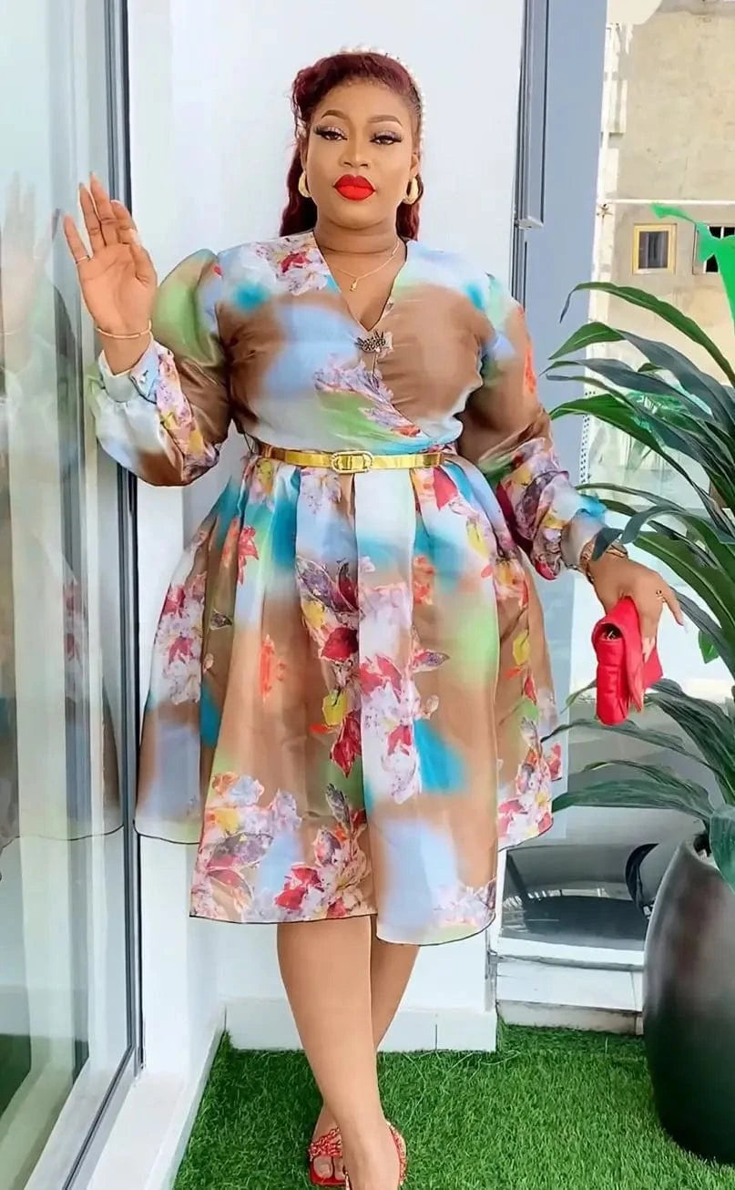 3 XL / Orange Flower dresses women floral printed women's clothing dress party with long sleeves