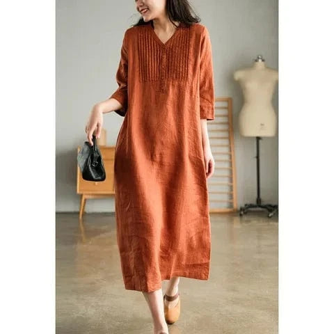 3 XL / Orange New in Dresses Spring Summer Fashionable V-Neck Solid Color Loose Robe Elegant Long Dress Retro Loose Fitting Women Clothing