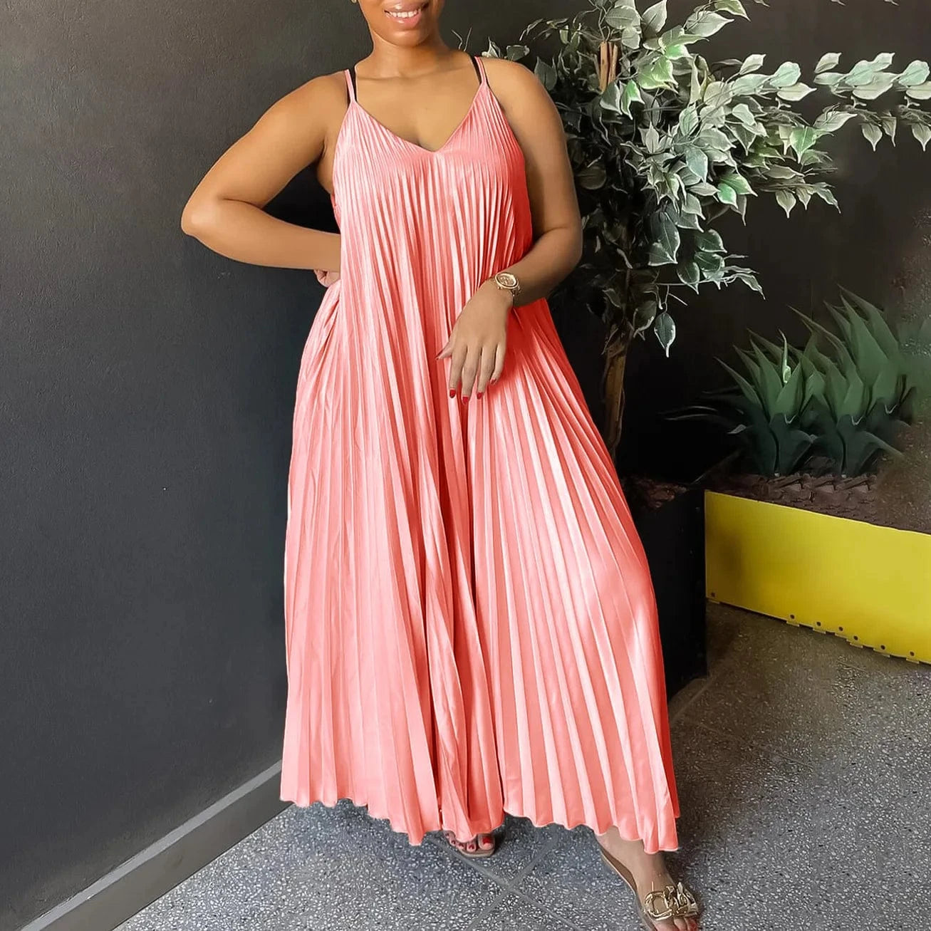 3 XL / Pink GX8571 Boutique 2024 Fashion Clothing Women Maxi Dress Sleeveless V-neck Spaghetti Strap Elegant Long Loose Pleated Dresses