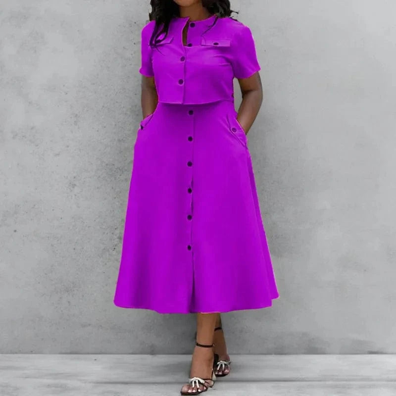 3 XL / Purple Summer Women Clothing Ladies Casual O Neck Short Sleeve Shirt Crop Top High Waist Button Half Skirt Two Piece Women's Sets