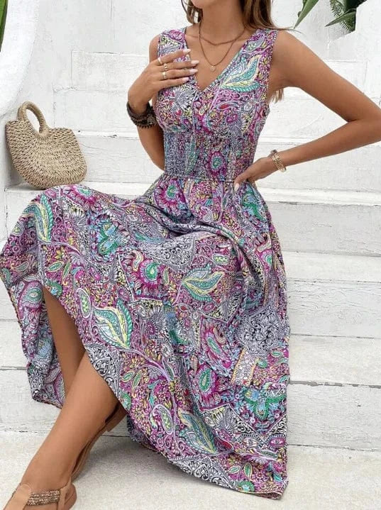 3 XL / Purplish red In stock 2024 Women's summer New fashion V-neck Sleeveless High waist sleeveless Bohemian Women's dress