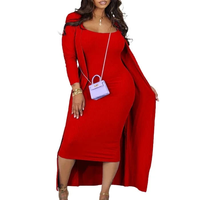 3 XL / Red D3232 Trendy Autumn Winter Dress Set Casual Dresses Women Lady Elegant Strap Dress And Long Coat Two Piece Set Women Clothing