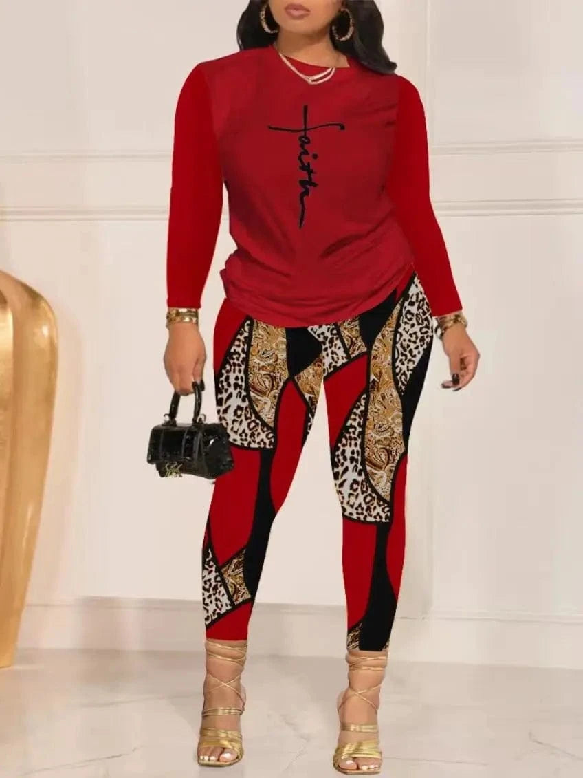 3 XL / Red Fashionable Casual Women's Pants Set 2024 Autumn Winter New Printed Long Sleeved Tees Pant Two-Piece Suit Women Clothing S-3XL