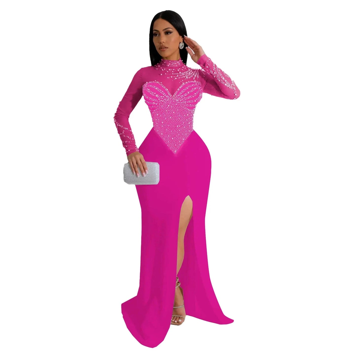 3 XL / Rose Madder Z176368 2024 mesh gown elegant ball gown pearl evening dress diamond Tight Waist Hip Elastic Split dress