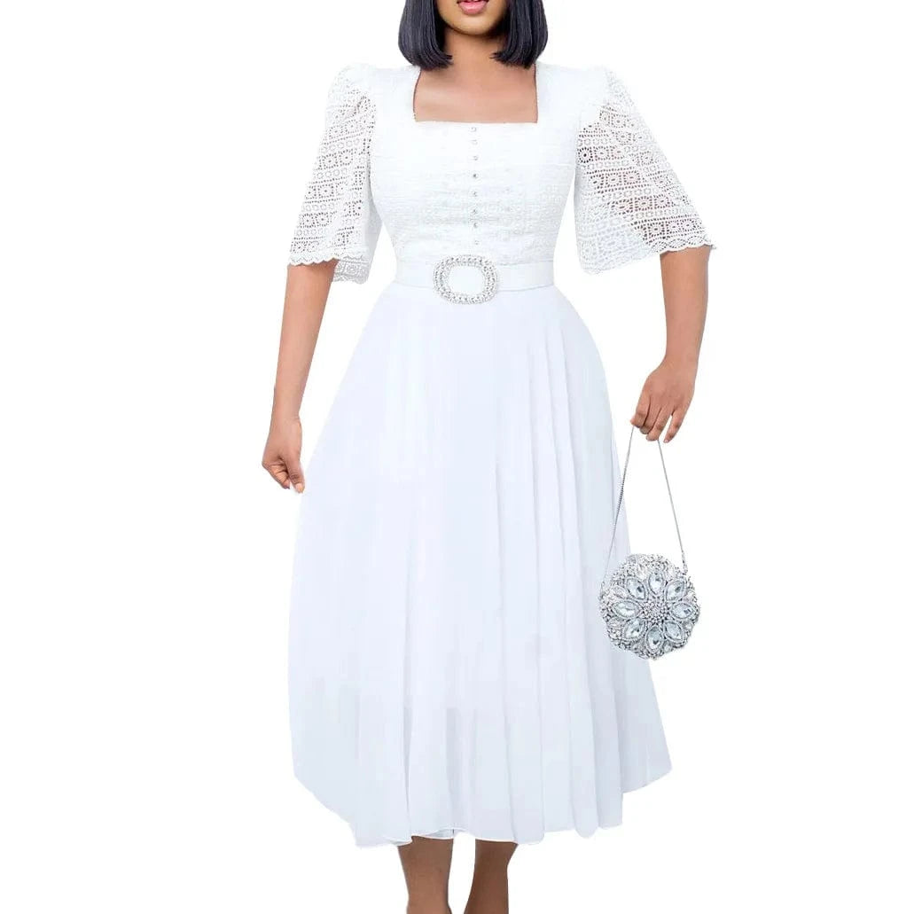 3 XL / White D280 High Quality Fashion Casual Dresses Patchwork Chiffon Nail Beaded Dress Celebrities African Dress With Free Belt