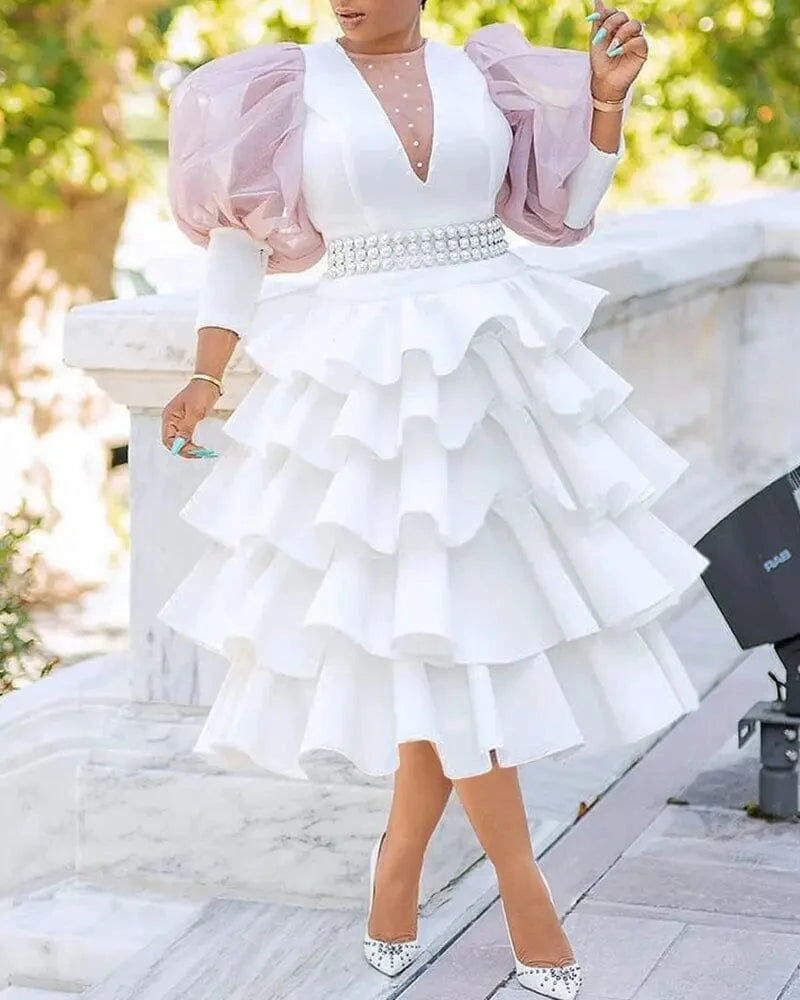 3 XL / White Liu Ming African Elegant New Products 2024 Women Evening Party Gowns High Waist Puff Sleeve White Plus Size Midi Dress