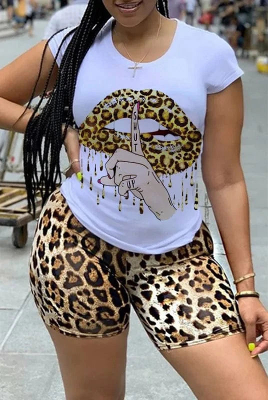 3 XL / Yellow 5XL Plus Size Women Clothing Two Piece Set Tracksuit Lips Print Tshirt Top Leopard Biker Shorts Sweat Suit 2 Pcs Women Set