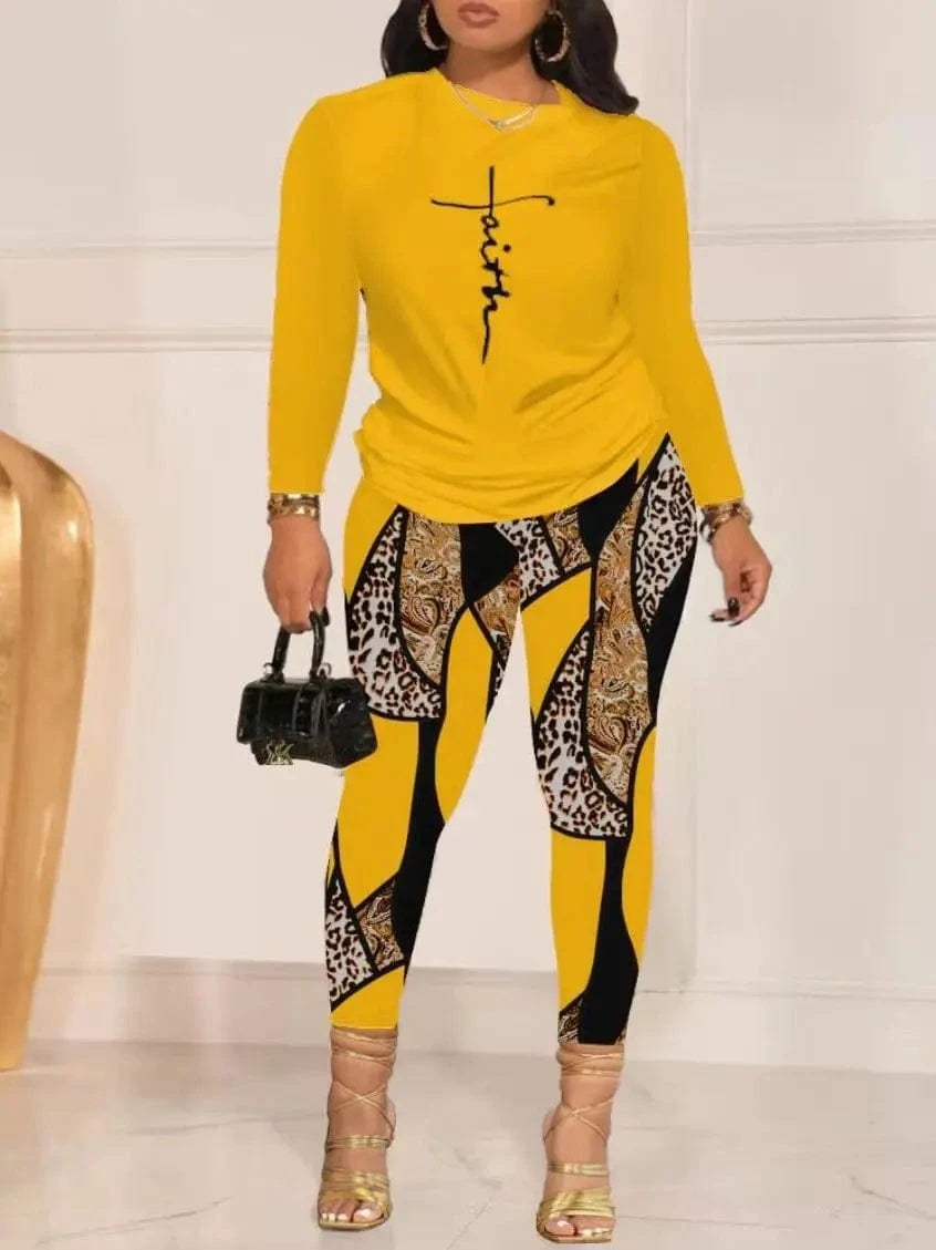 3 XL / Yellow Fashionable Casual Women's Pants Set 2024 Autumn Winter New Printed Long Sleeved Tees Pant Two-Piece Suit Women Clothing S-3XL